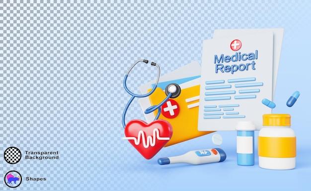 Banner de rapport médical 3D Résultat de l'enquête sur le dossier de santé Thermomètre stéthoscopique Pilules médicinales Cœur avec ligne de pouls sur fond bleu Concept de maladie cardiovasculaire