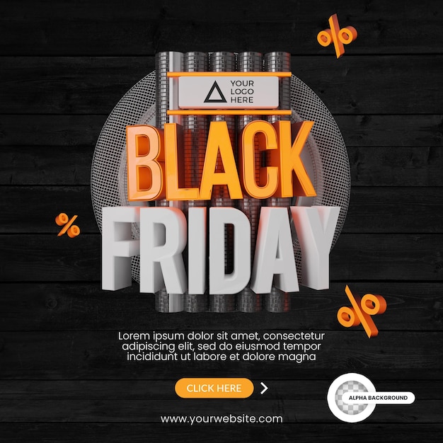 Banner realista 3d cuadrado de viernes negro para promoción de venta de redes sociales