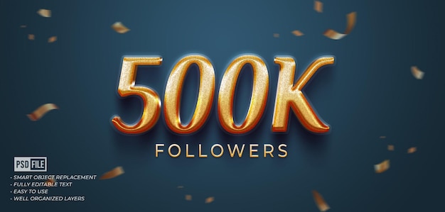 Banner realista 500k seguidores con efecto de texto de estilo dorado de lujo 3D editable