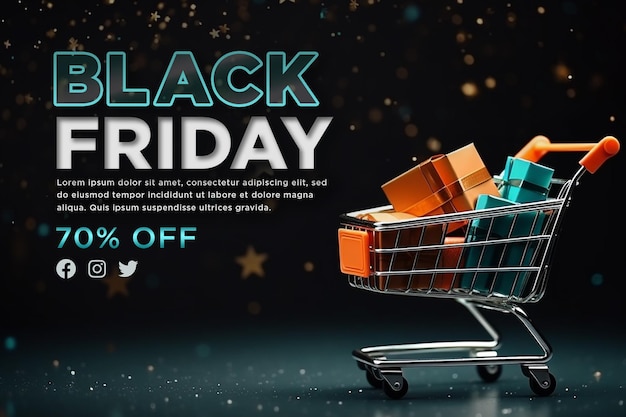 Banner realistico del black friday con sfondo a tema nero e blu