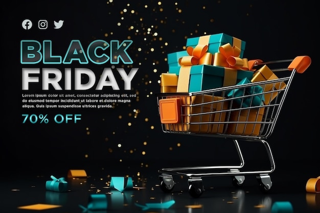 Banner realistico del black friday con sfondo a tema nero e blu