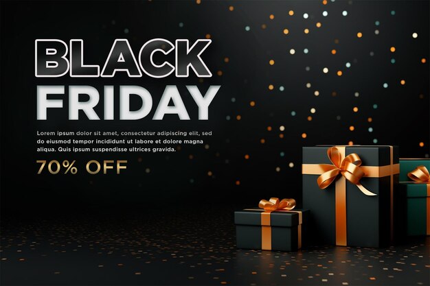 Banner realistico del black friday con sfondo a tema nero e dorato