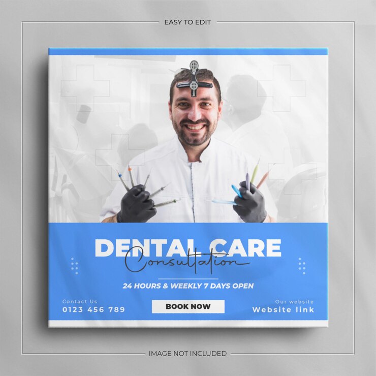 Banner de redes sociales de atención médica de dentista y diseño de volante cuadrado.