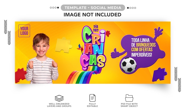 PSD banner de redes sociales para el día del niño con todas las líneas de juguetes que se ofrecen