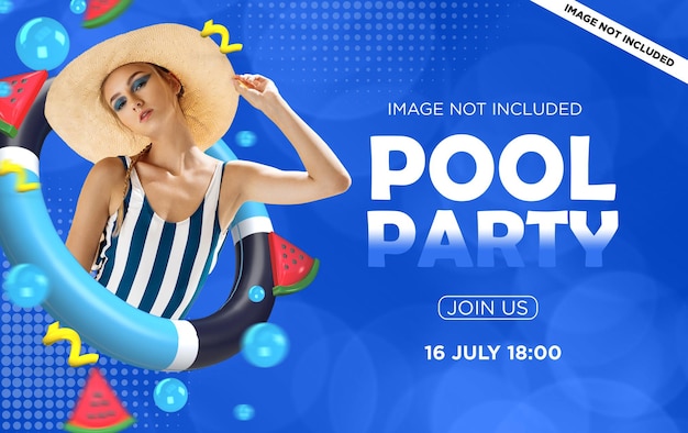 Banner de redes sociales de fiesta en la piscina de verano con elementos 3D