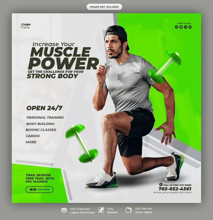 PSD banner de redes sociales de gimnasio y fitness o plantilla de publicación en instagram