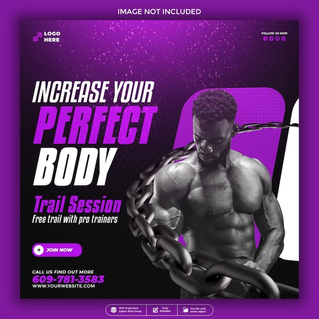 Banner de redes sociales de gimnasio y fitness o plantilla de publicación en Instagram