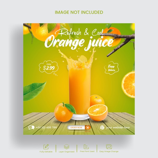 Banner de redes sociales de menú de comida de jugo de naranja o plantilla de publicación de instagram