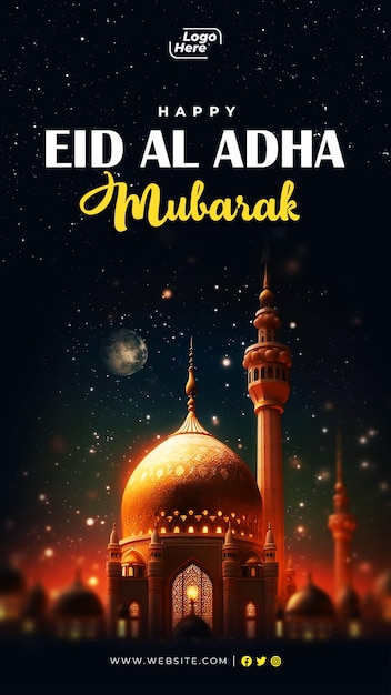 PSD banner de redes sociales psd feliz eid alfitr con un fondo de mezquita