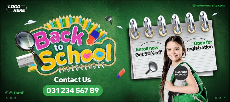 PSD banner de redes sociales de regreso a la escuela abierto para inscripciones inscríbase ahora obtenga 50off