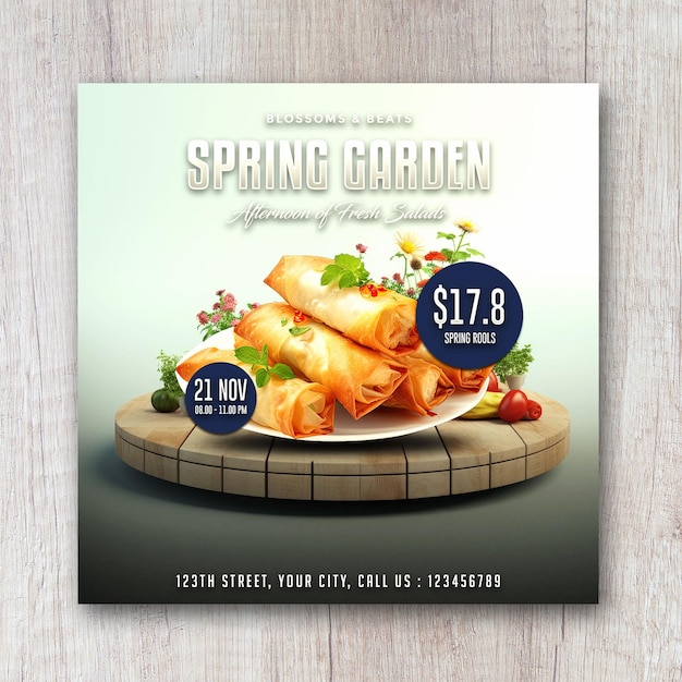 PSD banner de redes sociales de restaurante de menú de comida de jardín de primavera