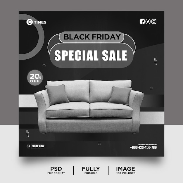 PSD banner de redes sociales de venta de muebles de viernes negro de color negro