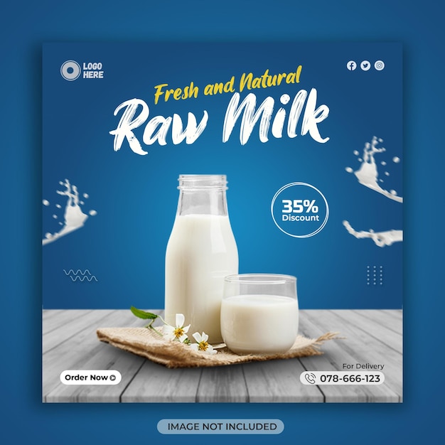 PSD banner de redes sociales de venta de productos de leche cruda fresca o plantilla de diseño de publicación de instagram