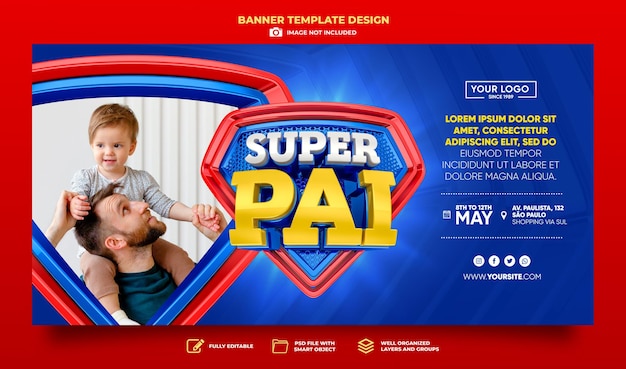 PSD banner super pai no brasil design de modelo de renderização em 3d em português feliz dia dos pais