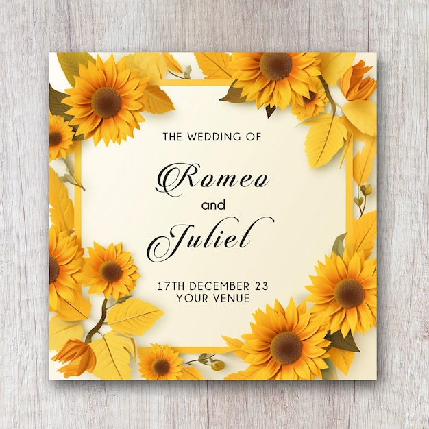 Banner de tarjeta de invitación de boda de diseño creativo de girasoles acuarela