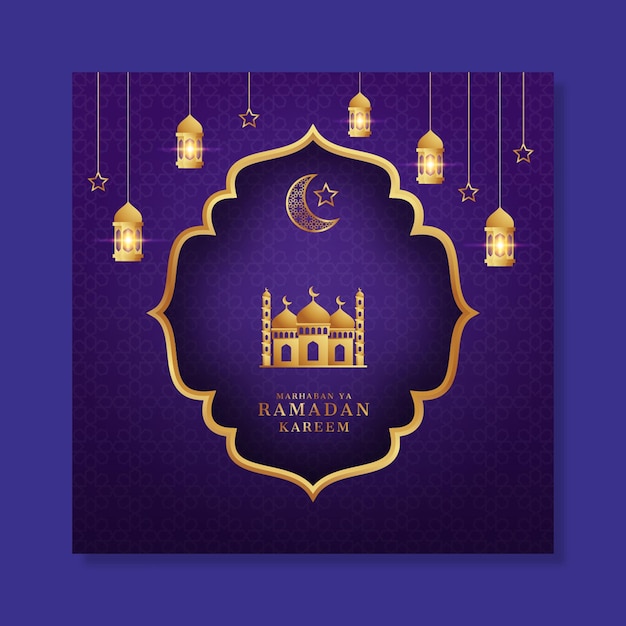 Banner de tarjeta de Ramadán realista y elegante con estrellas de mezquita de linterna y luna