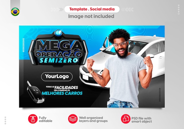 PSD banner para venta de automóviles fondo azul con promoción de automóviles felices jóvenes