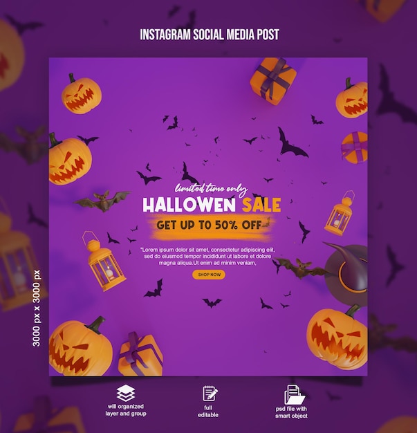 PSD banner de venta de feliz halloween plantilla de volante de publicación de redes sociales representación 3d de redes sociales