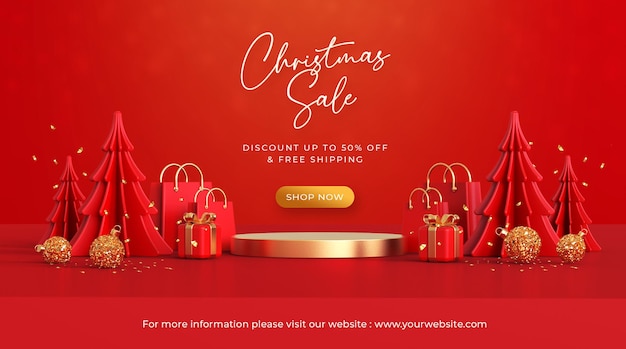PSD banner de venta de feliz navidad con decoración de elementos 3d de navidad