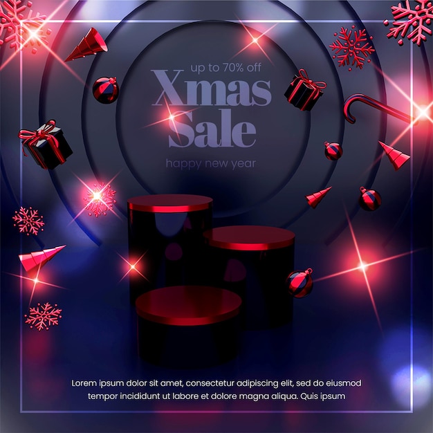Banner de venta de feliz navidad moderno con composición realista de objetos de navidad en 3d