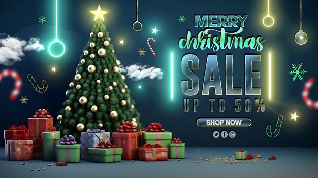 PSD banner de venta de feliz navidad con presentación de venta en el podio del producto