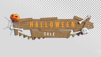PSD banner de venta de halloween con texto en madera y fondo transparente