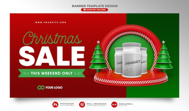 Banner venta de navidad con podio y árbol de navidad diseño de plantilla de dibujos animados de render 3d