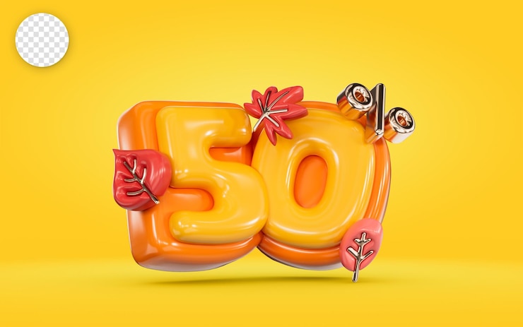 PSD banner de venta de otoño número de descuento del 50 por ciento con hoja de arce sobre fondo amarillo 3d render