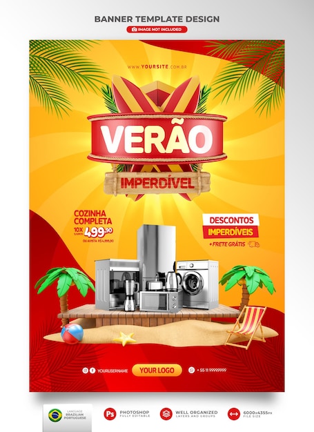 Banner verano de ofertas en plantilla de render 3d de brasil para campaña de marketing en portugués