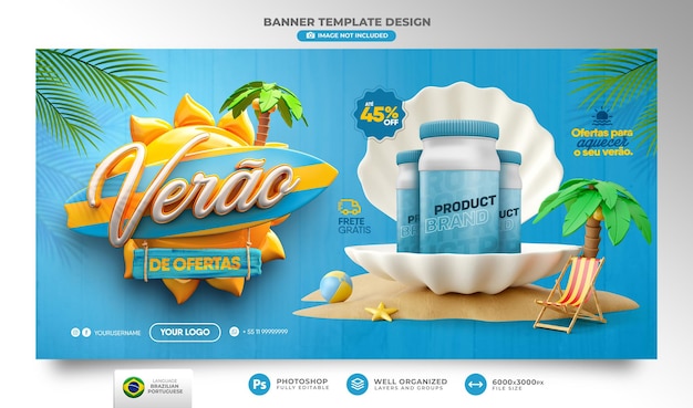 Banner verão de ofertas no modelo de renderização 3d do brasil para campanha de marketing em português