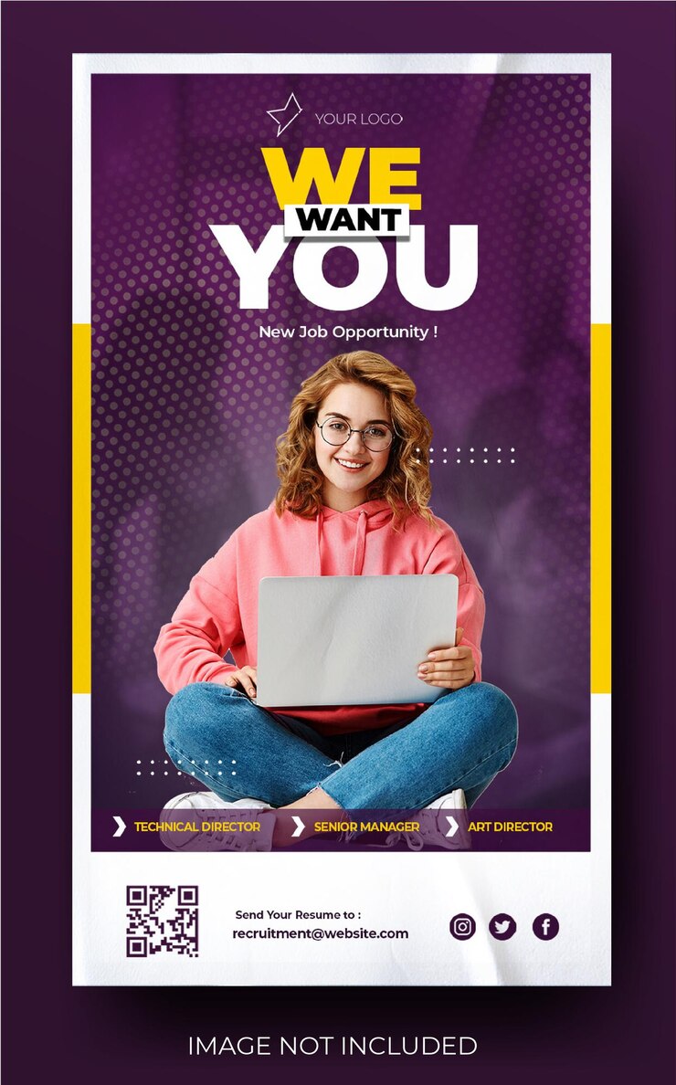 PSD banner vertical de cartaz dinâmico de vaga de emprego roxo