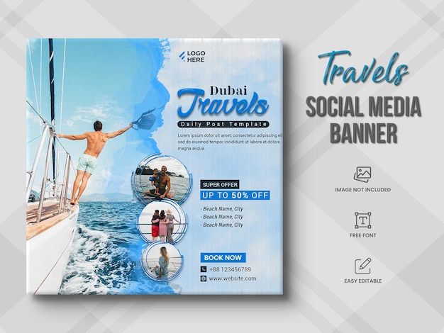 PSD banner de viajes para plantilla de redes sociales y publicación de instagram