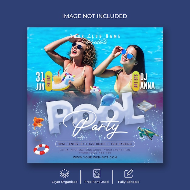 PSD banner de volante de fiesta en la piscina de verano y plantilla de publicación en redes sociales