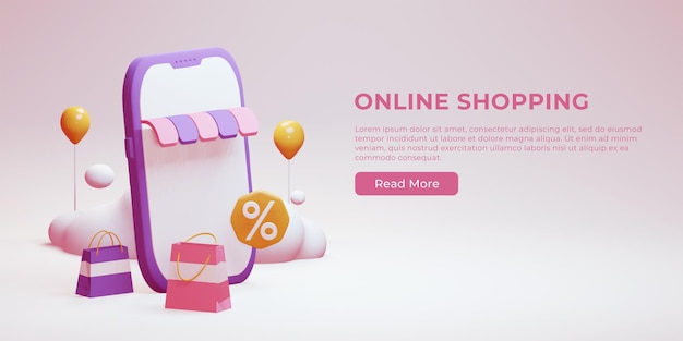 Banner web 3D de compras en línea con bolsa de compras y símbolo de descuento