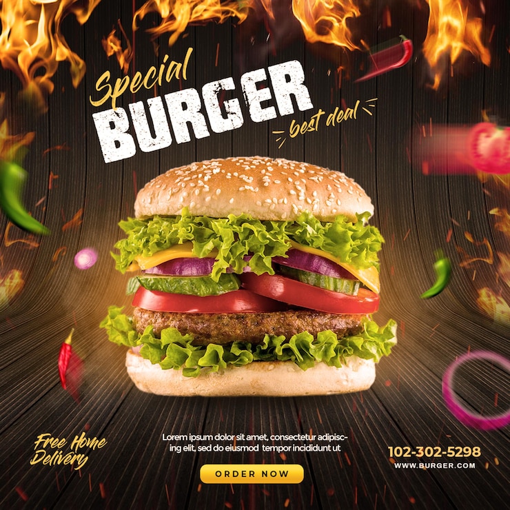 Banner web de menu de hambúrguer e comida delicioso