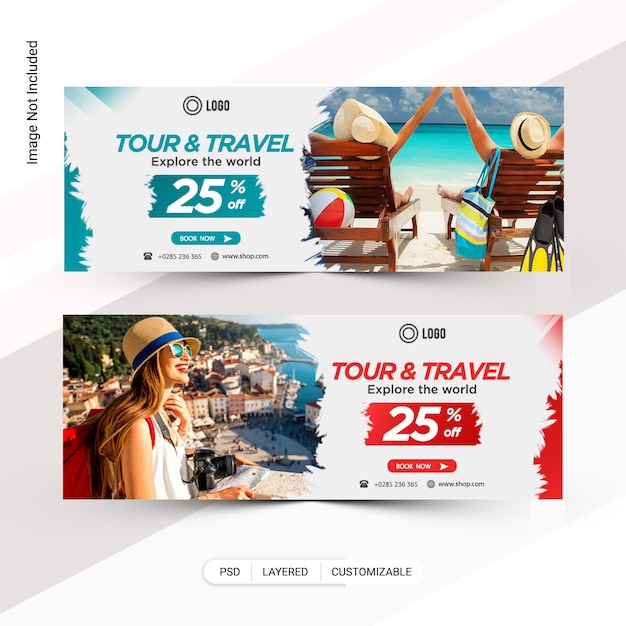 Banner web de turismo e viagens, capa do facebook