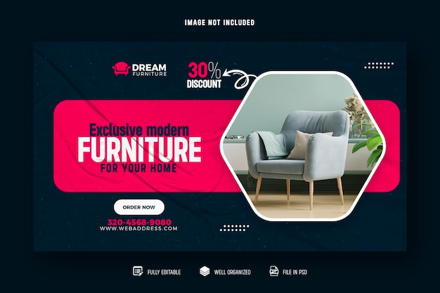 Banner web de muebles modernos y plantilla de diseño de portada de encabezado