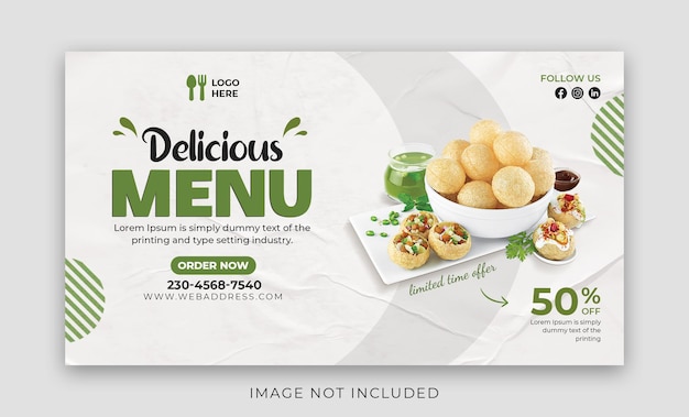 Banner web promozionale del menu Delicious Food o modello di banner per social media Psd Premium