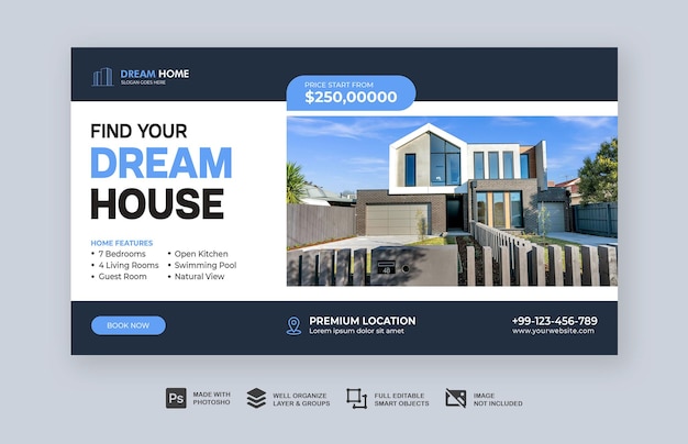 Banner de web de propiedad de casa moderna de bienes raíces o plantilla de banner publicitario