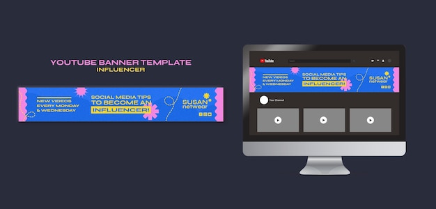 PSD banner de youtube de trabajo de influencer de diseño plano