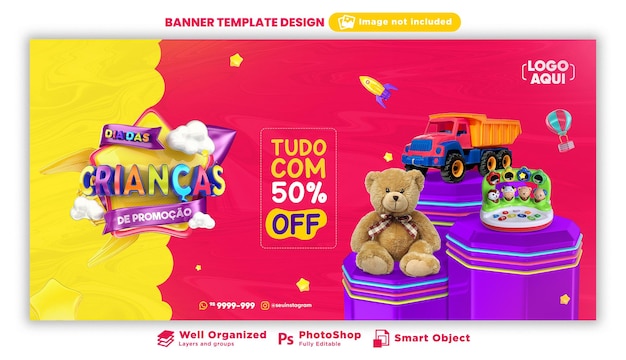 PSD banner zum kindertag in 3d-rendering für marketingkampagne in brasilien auf portugiesisch