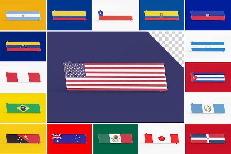 PSD banners de bandeiras da américa do sul e do norte e oceania