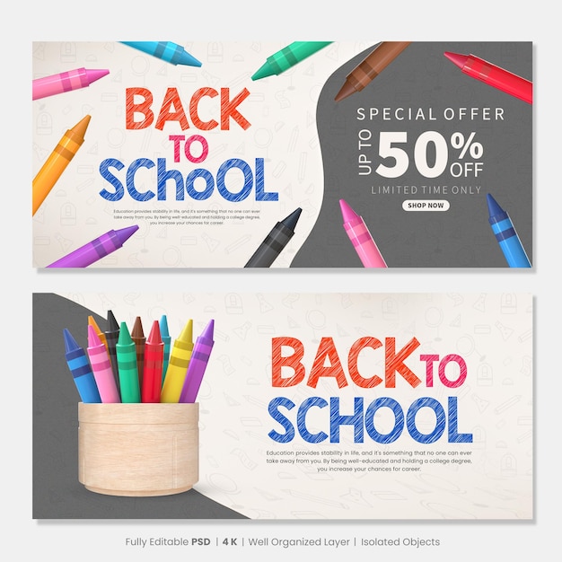 PSD banners de volta às aulas definidos com objetos escolares de renderização em 3d