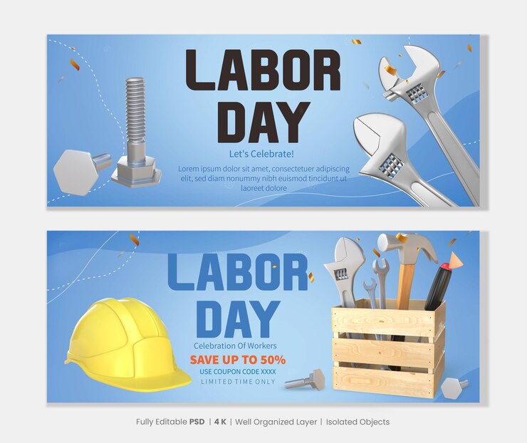 PSD banners do dia do trabalho definidos com objetos de ferramentas de construção de renderização 3d