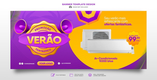 PSD bannersommerangebote in brasilien 3d-rendervorlage für marketingkampagne auf portugiesisch