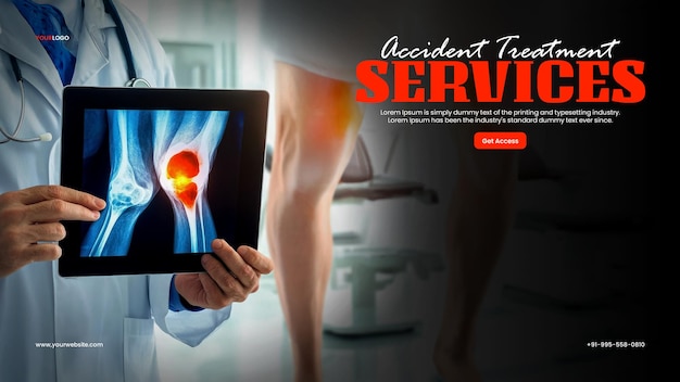 Bannervorlage für physikalische Therapie mit einem Arzt, der eine Tablette in der Hand hält, auf der ein Knie-X-Ray-Patient schwarze Shorts und weiße Socken trägt