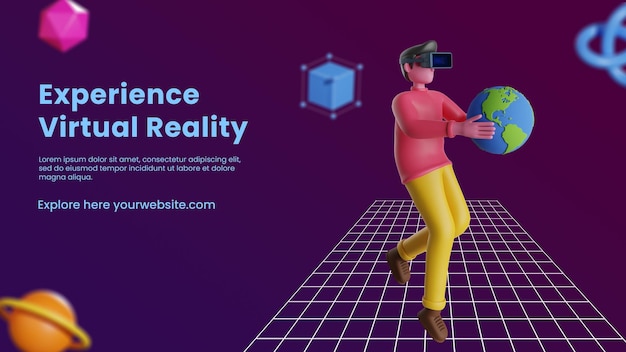 PSD bannervorlage für virtuelle realität mit 3d-charakter