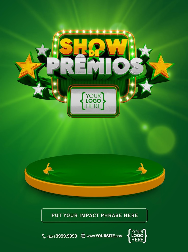 PSD bannière 3d awards show au brésil, promotion d'une maquette de conception verte et or