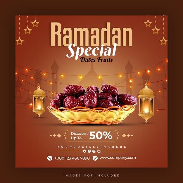 Bannière ou affiche pour les dates spéciales du ramadan avec une corbeille de fruits