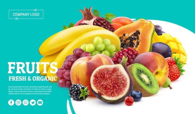 PSD bannière d'aliments sains fruits et baies isolés sur fond blanc